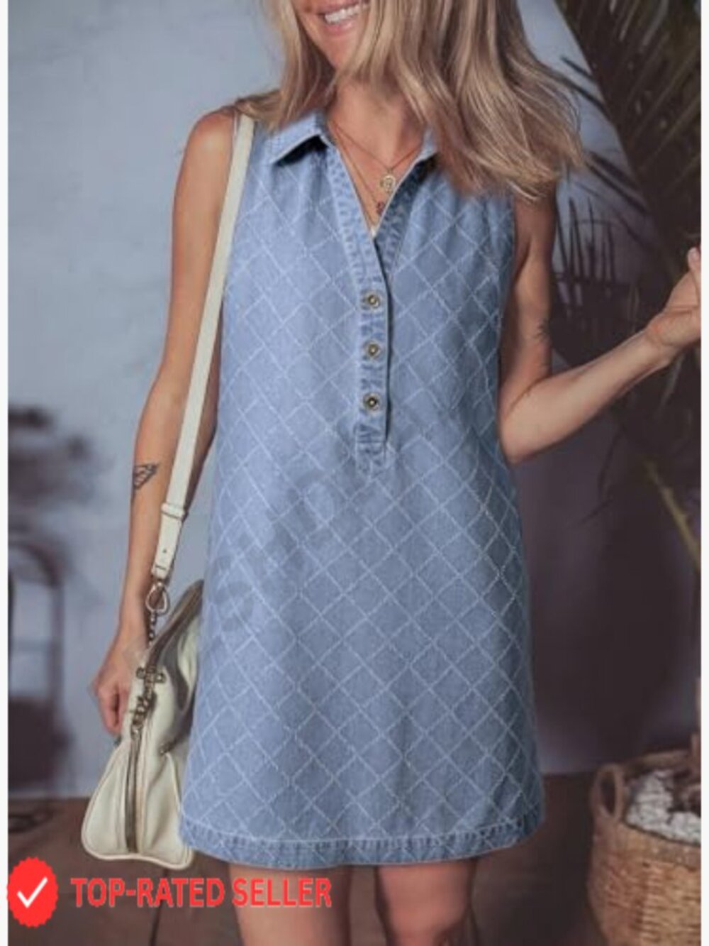 Denim Mini Dress Sleeveless V Neck Button Front Casual Shift with Pockets - Picture 3 of 7